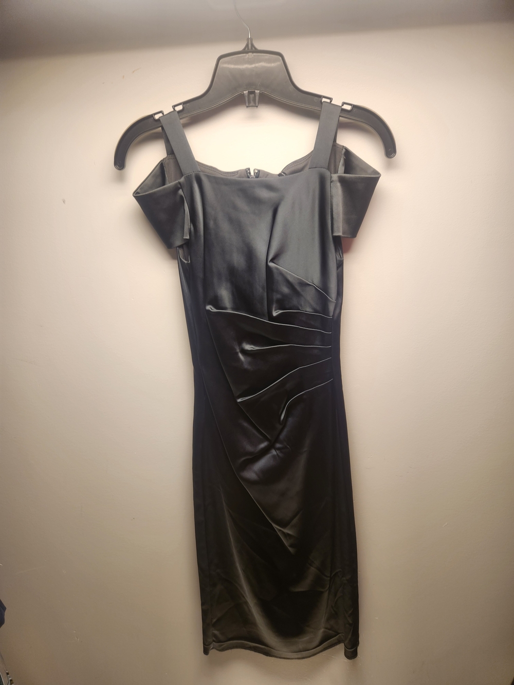 Gunmetal Gray Satin Off-Shoulder + Straps Draped Midi Dress